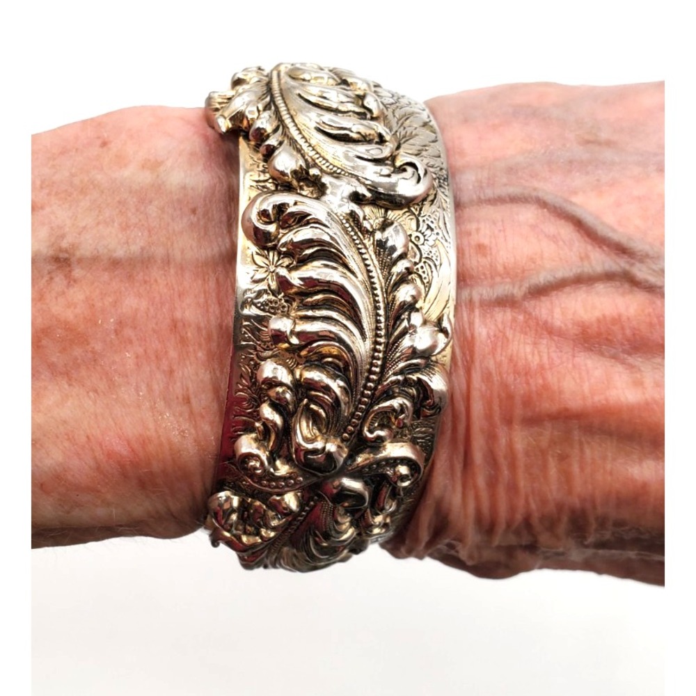 Vintage Ornate Repoussé Floral Scroll Wide Open Cuff Bracelet Silver Tone